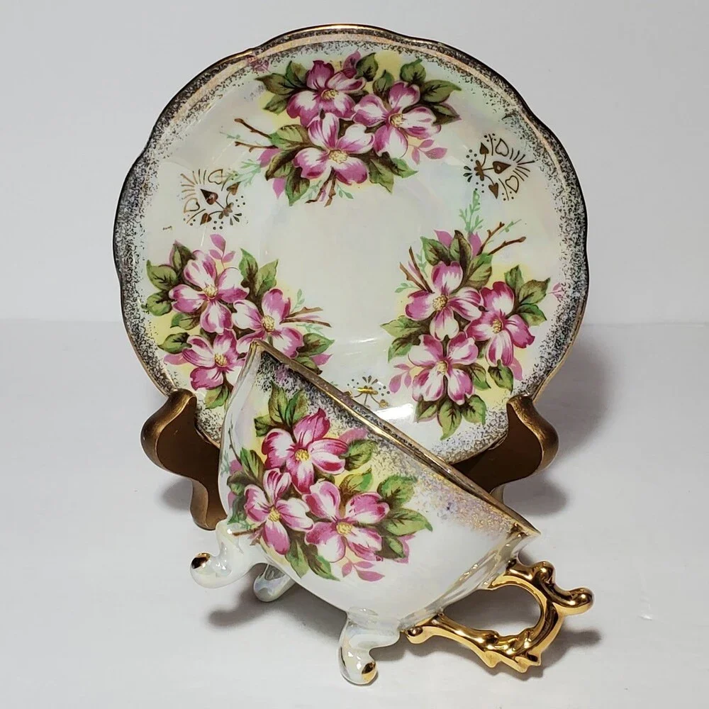 Sterling China Teacup and Saucer Pink Flowers Vintage